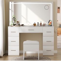 New-Makeup Vanity Desk with Power Outlet, 46'' Glass Top Vanity Set, 7 Drawers Vanity Table with Cushioned Stool, 3 Lighting Modes Brightness Adjustab