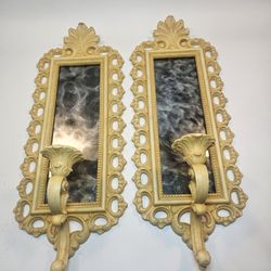 Vtg 1972 Gold Smoke Mirror Wall Sconce Candle 