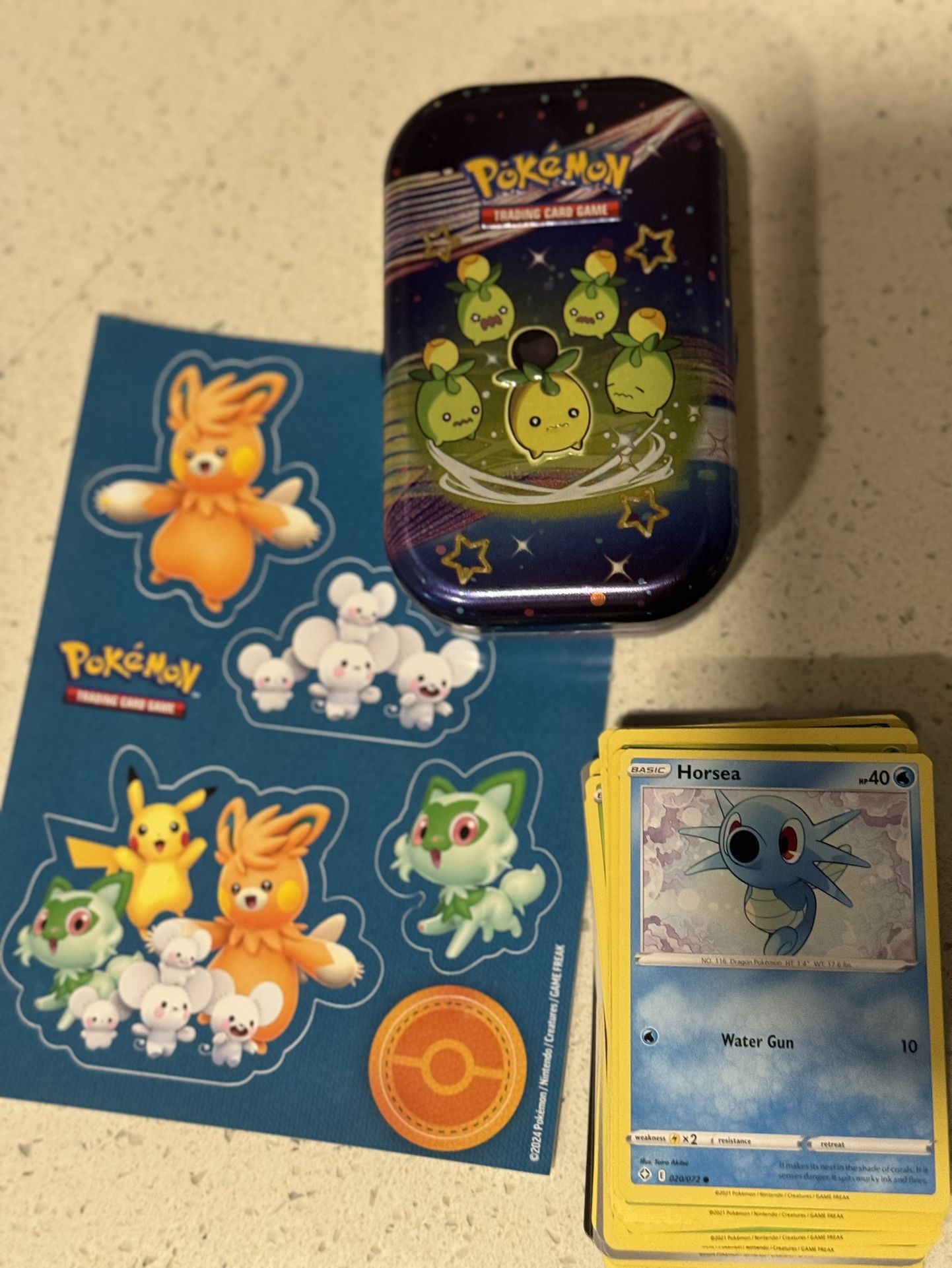 Pokemon cards 60 pieces, empty box for cards, stickers 1 sheet. 