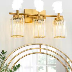 Meybiok Modern Crystal Bathroom Vanity Light, 3-Light Brushed Gold 18Inch 