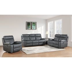 3PC DARK GRAY Breathable Air Leather Manual Reclining Sofa Set