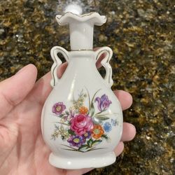 Vintage porcelain perfume bottle vase floral gold trim Japan approx 4” tall