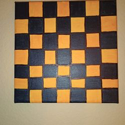 Handpainted Gold And Black Plaid Checkered Acrylic Painting On Canvas 8x8"