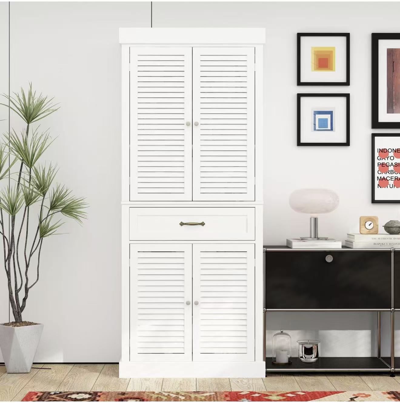 Tall Pantry with Adjustable Shelves and 4 Shutter Doors white $140 
