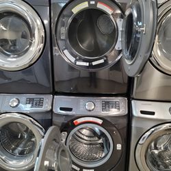 Samsung AddWash Front Load Washer And Stackable Gas Dryer Set In Black Stainless Steel 