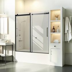 #R4 Frameless Sliding Bathtub Door, 56-60" W x 60" H, Frameless Shower Glass Door, Frameless Double Sliding Tub Door with 5/16 in Clear Tempered Glass