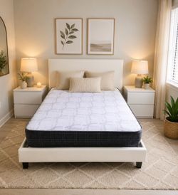 Bed frame white full size new and nightstand