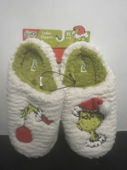 Dr Seuss Green Grinch Christmas Santa Hat Slippers Slides Woman’s sz 11/12 LARGE