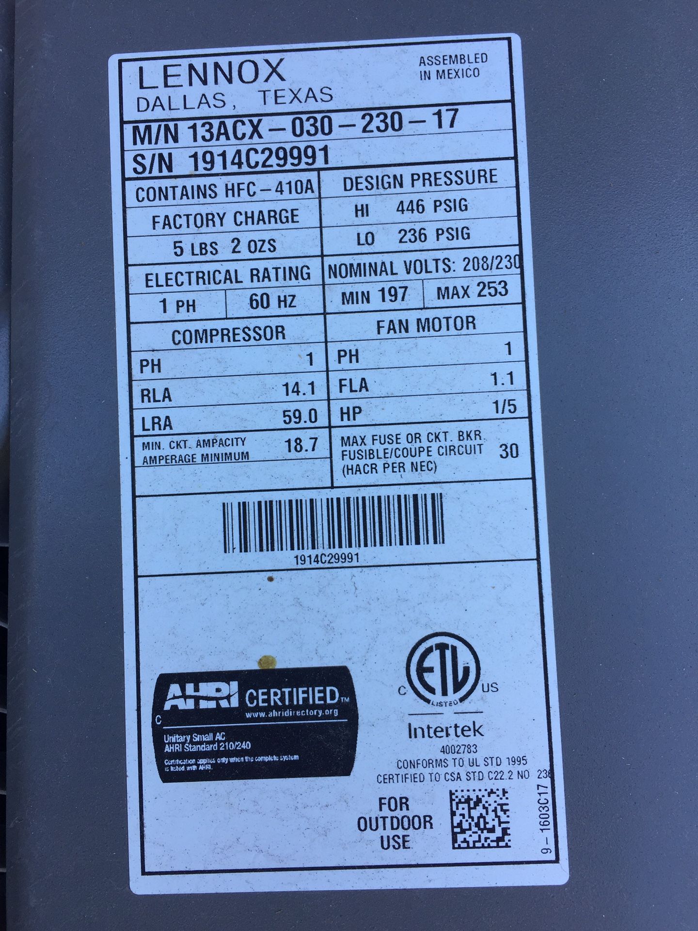 FREE Lennox Central Air Conditioner Condenser