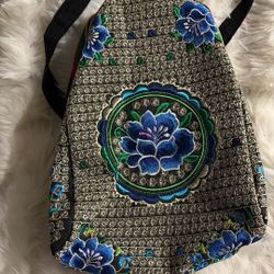 Floral Embroidered Backpack Black And Blue. 