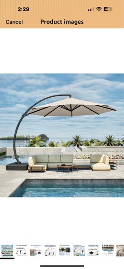 New in box 11FT Cantilever Umbrella with Base Large Curvy Outdoor Aluminum Offset Umbrella w/ 360° Rotation, UV Resistant Canopy for Patio, Garden, Ba