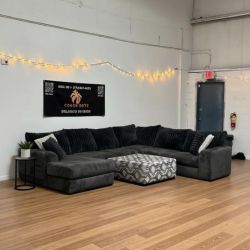 Fluffy Corduroy Sectional Couch with Chaise and Ottoman, Delivery Available