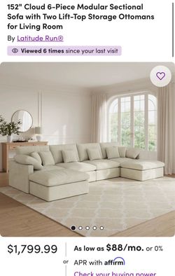 152" Cloud 6-Piece Modular Sectional Sofa with Two Lift-Top Storage Ottomans for Living Room