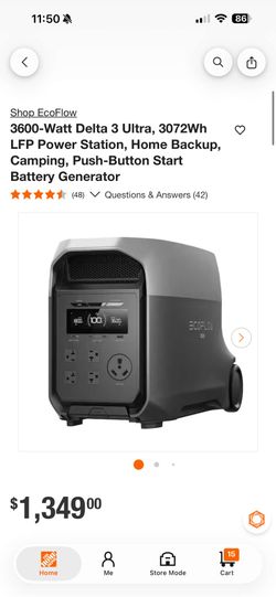 EcoFlow
3600-Watt Delta 3 Ultra, 3072Wh LFP Power Station, Home Backup, Camping, Push-Button Start Battery Generator