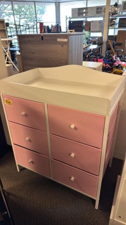 Changing Table Dresser with 6 Fabric Drawers, Baby Dresser with Changing Table Top Diaper Changing Station with Storage for Nursery Modern Pink