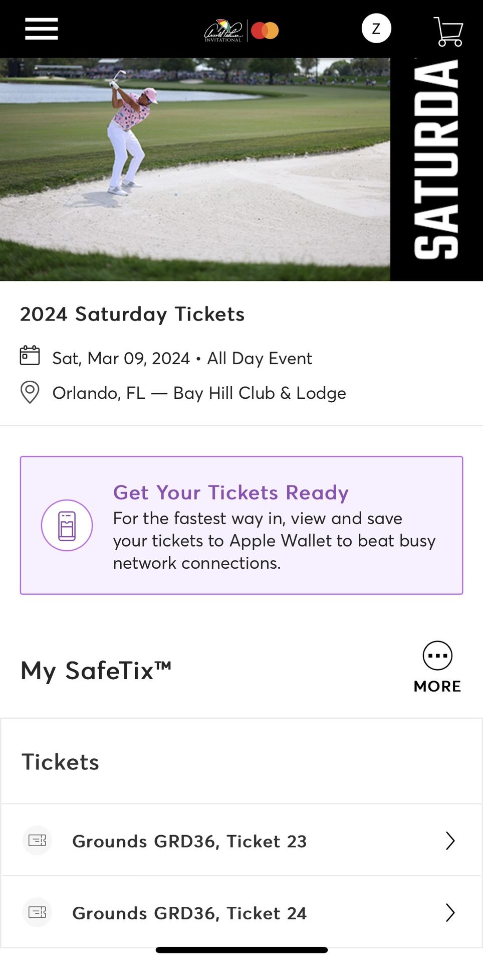 Arnold Palmer Invitational Saturday Round Tickets (2) $60 Each