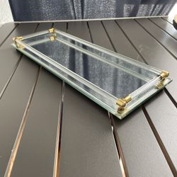 Vintage Retro Vanity Mirror Tray Toledo Plate Lucite Handles Rectangle 16 x 6