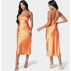 Bebe satin lace trim bustier midi orange dress women Size XLarge 
