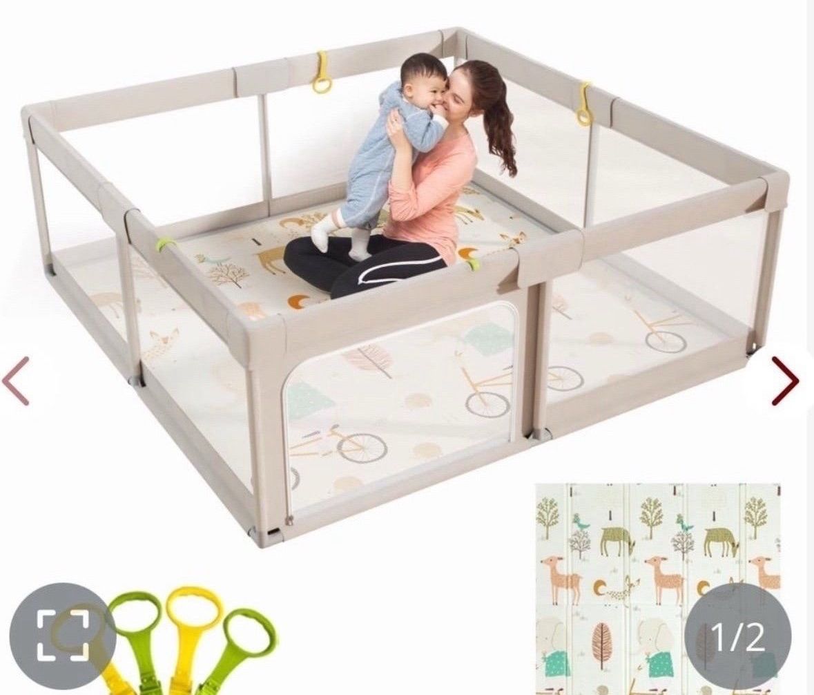 Mloong Baby Playpen With Mat, 59x59 Inches Extra Large Playpen For Babies And Toddlers, Indoor & Outdoor Activity Center, Safety Baby Fence With Gate.