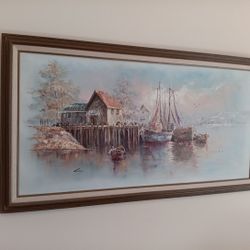 Orginal Framed Oil Painting Of New England Fishing Harbor By John Luini