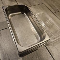 Six 1/3 Size Food Pans Stainless 2.5" Deep and Three Convertible Lids 
