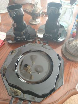 Black Glass Candlestick Holders and Plate Set