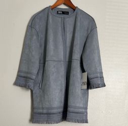 NEW Zara Women’s XS Gray Faux Suede Fringe Embroidered Long Jacket Coat NWT