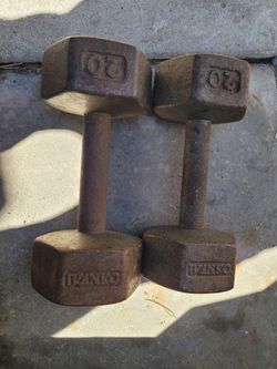 vintage, unbranded 20 lb cast iron dumbbells featuring heavy surface rust