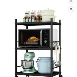 Hipuna Kitchen Baker's Rack 3-Tier Metal Storage Shelves, Heavy Duty Microwave Stand with Wheels