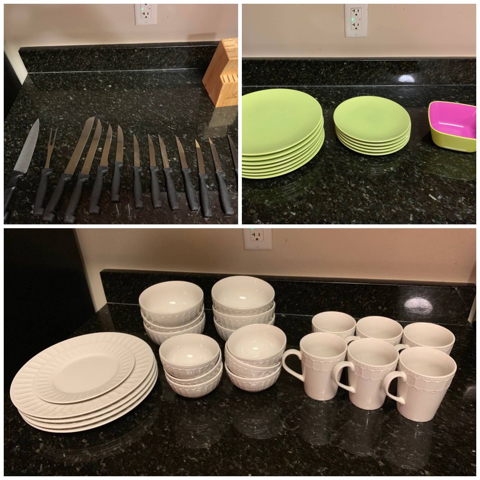 Full Service Dinnerware Set With Plates, Mugs, Bowls, Knives & Knife Block