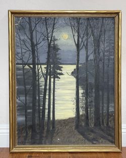 Vintage Henry A Duessel Oil Painting Moon Lake Winsor Newton Board AS-IS Damaged
