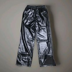Women’s Black Faux Leather Wide Leg Pants Small Shiny High Rise Elastic Waist