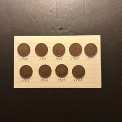 C oins – Indian pennies – over a century old 1900, 1901, 1902, 1903, 1904, 1905, 1906, 1907, 1908 - Total 9 Coins
