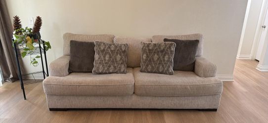 Beige Fabric 2-Seat Sofa with Throw Pillows