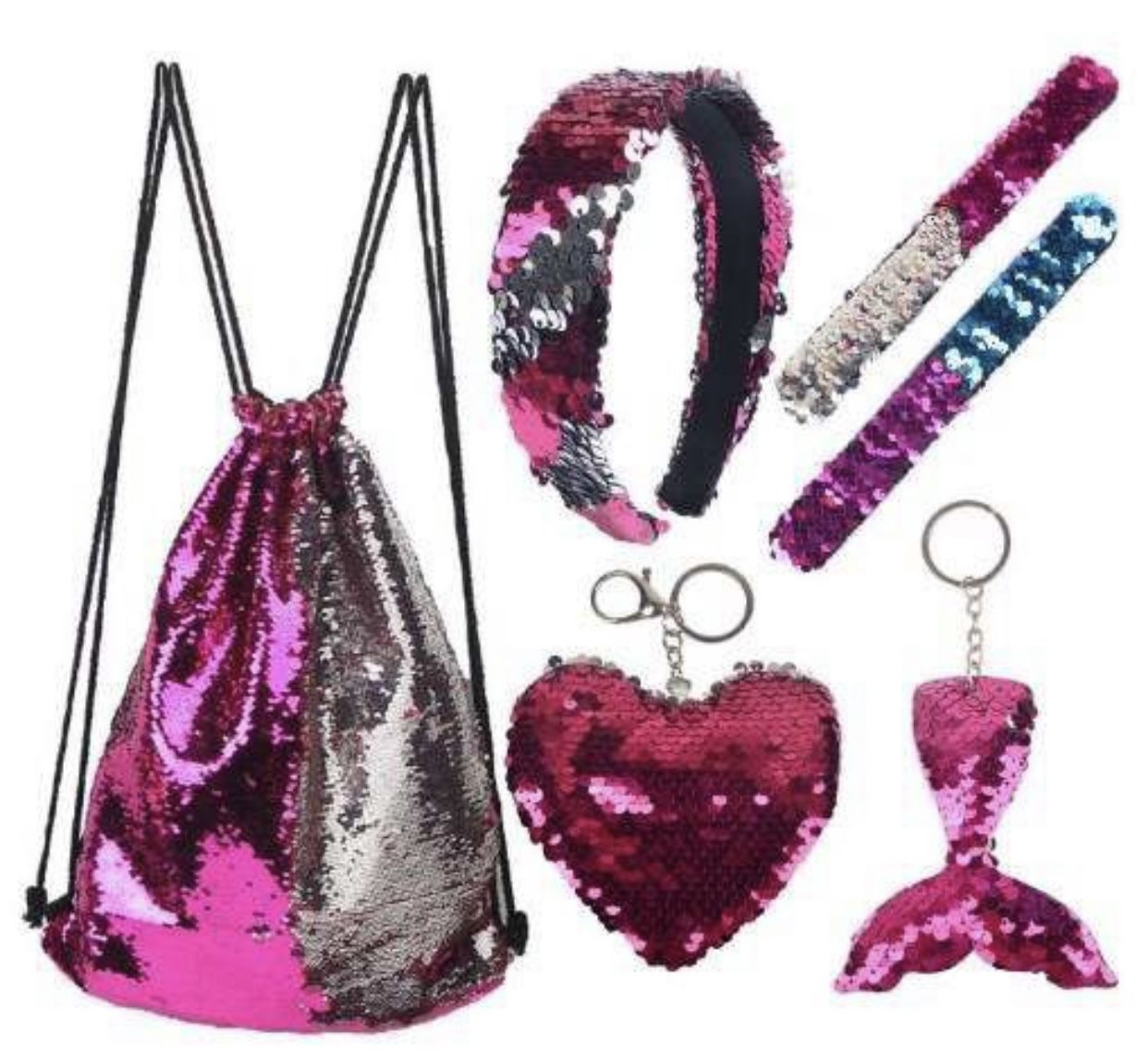 Mermaids Reversible Sequin Drawstring Backpack Gift, Party Bag Headband Keychain Bracelet