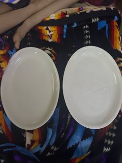 Set of 2 White Oval Ironstone Serving Platters 13.5” Restaurant Ware Heavy China Unmarked