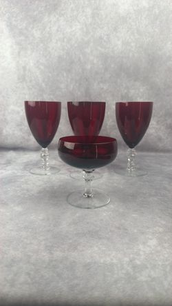 Ruby Red Glassware Lot 3 Goblets & 1 Coupe Clear Stems