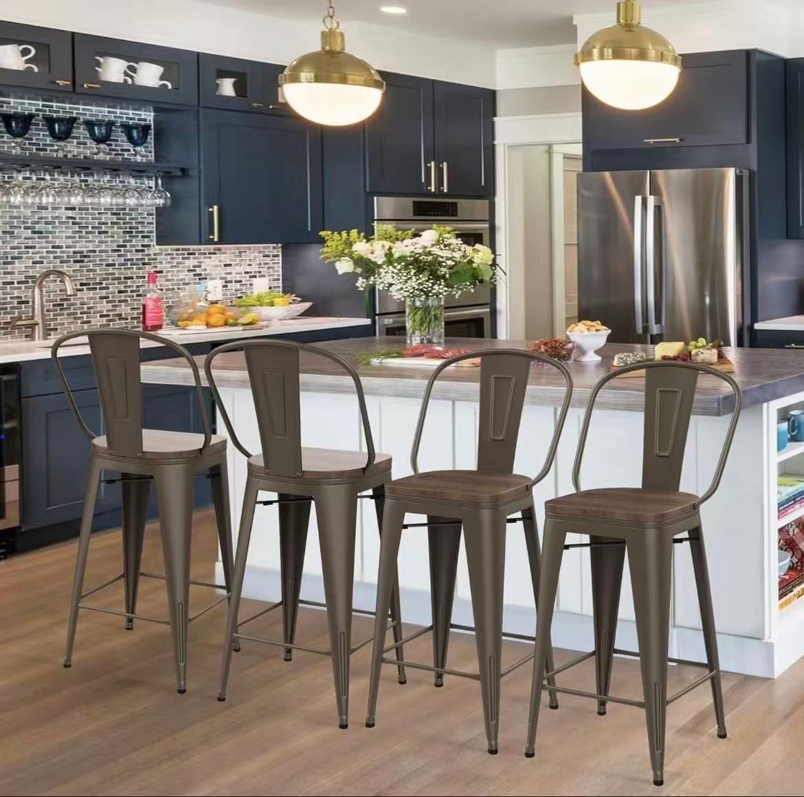 26" High Back Metal  Counter Stools Height Bar Stools [Set of 4], Bronze.