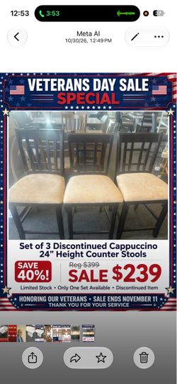 Set of 3 Cappuccino 24" Counter Stools discontinued item reg $399 on sale $239