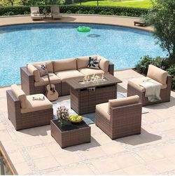 8 Piece Patio Furniture Set with 44” Fire Pit Table Wicker Rattan Outdoor Sectional Sofa Set with Coffee Table and Thickened Cushions, Beige