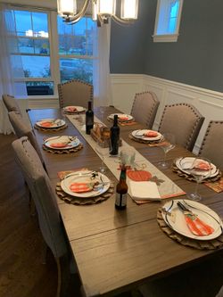 Large Farmhouse Dining Table Set w/ 8 Upholstered Chairs + Leaf