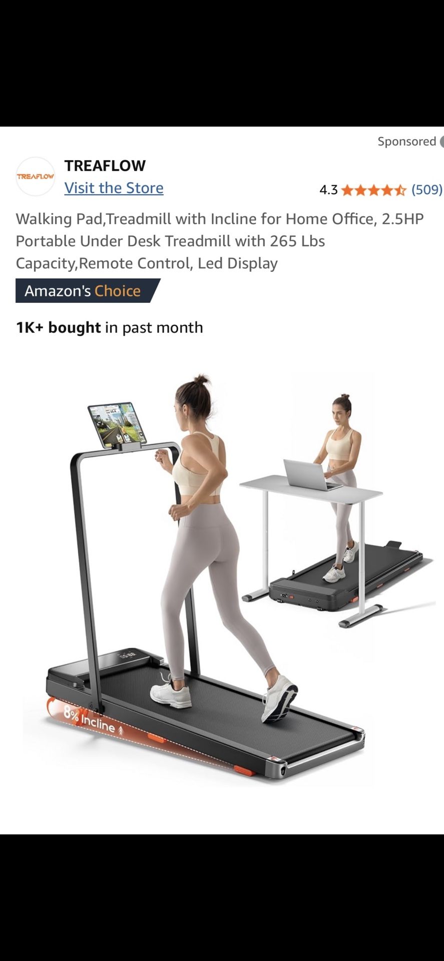Treaflow 2-in-1 Foldable Treadmill With Incline And Remote Control New