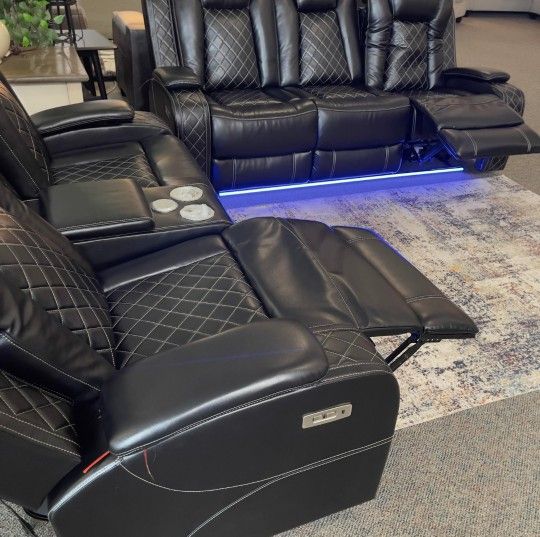 LH👉 Orion Black Leather Power Reclining Sofa And Loveseat Home Theater Movie Seating