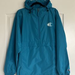 Men's Large Champion Jacket Aqua Blue Packable Lightweight 1/4 Zip Hooded Anorak
