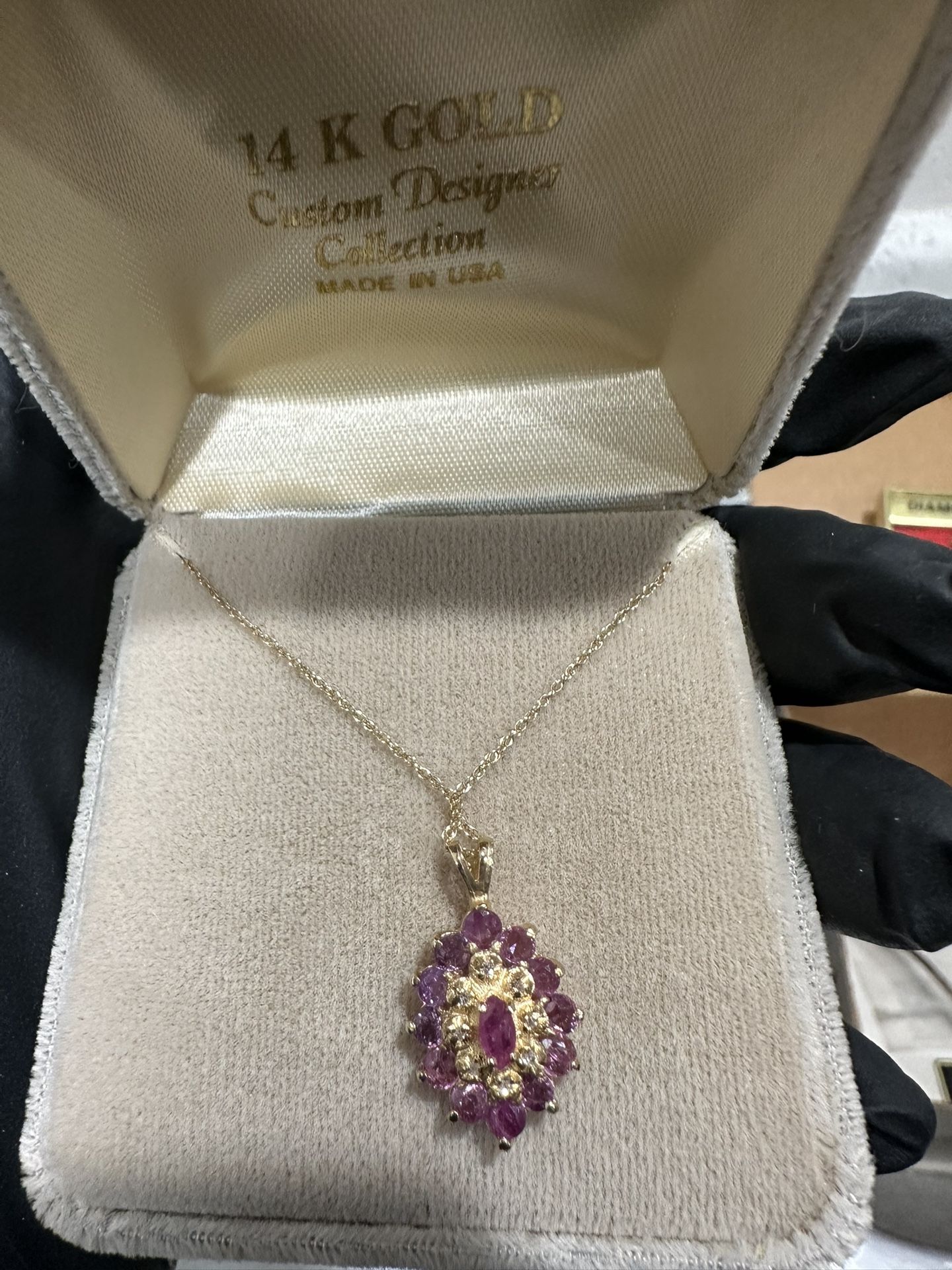 💖 14K Solid Gold Necklace – Pink Gem & Diamond Cluster Pendant