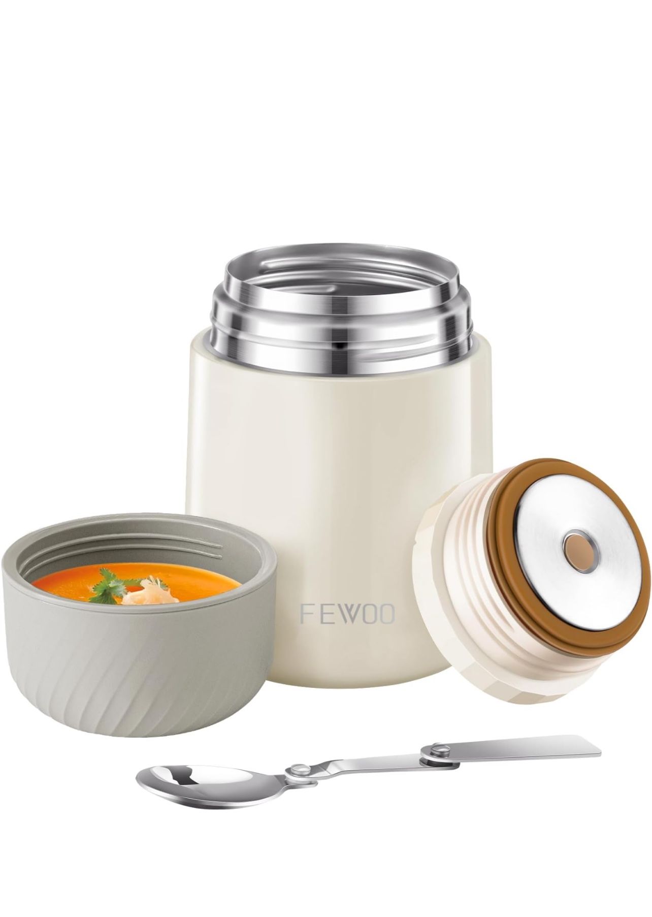 FEWOO Food Thermos - 20oz Vacuum Insulated Soup Container, Stainless Steel Lunch box for Kids Adult, Leak Proof Food Jar with Folding Spoon for Hot or