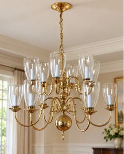 Vintage Style Polished Brass Chandelier 12 Light Clear Glass Shades