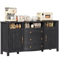 Farmhouse Sideboard Buffet Cabinet with Storage, Curved with 3 Drawers, Table Coffee Bar Wine Bar Storage Cabinet for Dining Room, Living Room (Dark G