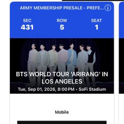 2x BTS WORLD TOUR 'ARIRANG' IN LOS ANGELES Tue, Sep 01, 2026, 8:00 PM Tickets SoFi Stadium