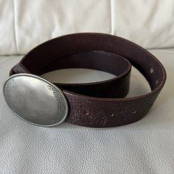 Mossimo Supply Co. Dark Brown Leather Belt with Oval Silver Buckle, Men’s Belts, Cowboy Style, Size XL 43,5”, Lather